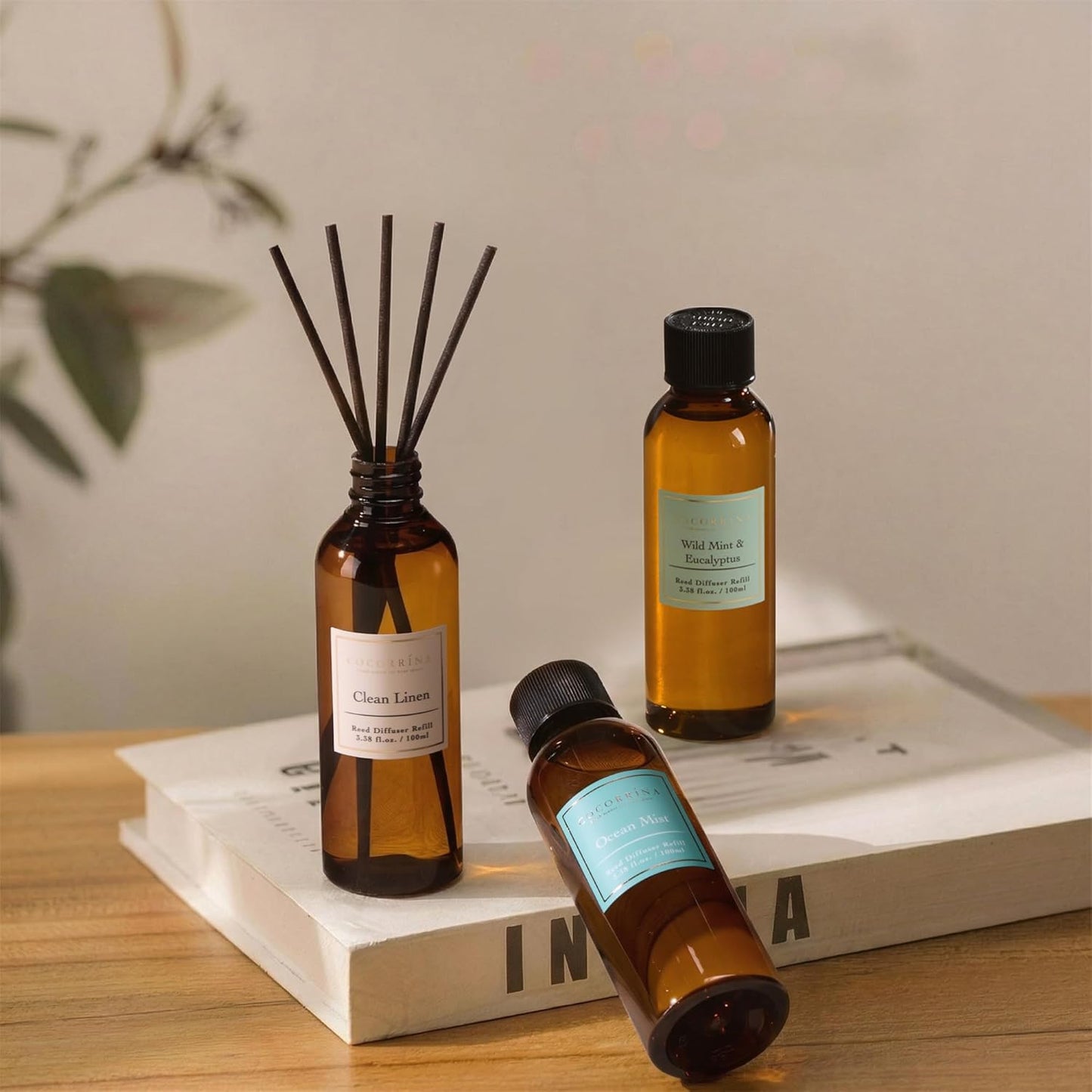 COCORRÍNA Reed Diffuser Set, 10.2oz Scented Oil Refill 3 Pack, Cashmere Vanilla, Ocean Mist, Lavender Garden, Long Lasting Oil Diffuser Refill with 18 Sticks for Bathroom & Bedroom