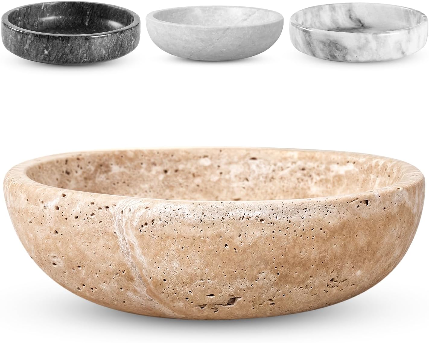 FNTSTICGOODS Travertine Decorative Bowl - 7.8” Diameter & 2” Height - Key Bowl for Entryway Table - Organic Modern Centerpiece - White/Gray