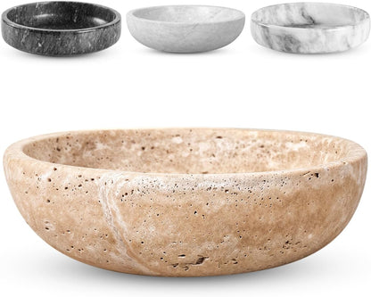 FNTSTICGOODS Travertine Decorative Bowl - 7.8” Diameter & 2” Height - Key Bowl for Entryway Table - Organic Modern Centerpiece - White/Gray