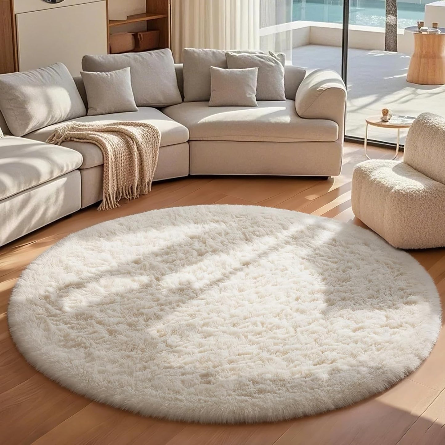 Ophanie Round Rugs 5Ft Ivory Circle Area Rug, Nursery Room Decor, Christmas Aesthetic Bedroom Home Circular Carpet 5 Foot, Fluffy Fuzzy Shag Plush Cream Living Room Rugs for Kids Boys Girls Teen Baby