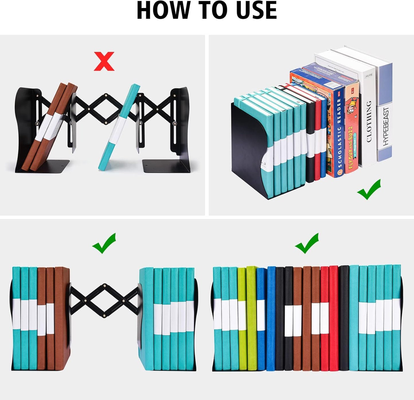 2PCS Adjustable Bookends, Metal Book Ends for Heavy Book, 2 Dividers, Nonslip Book Stander for Desk, Shelf, Office, Stationery Gift, Extends up to 19 inches (Blue)