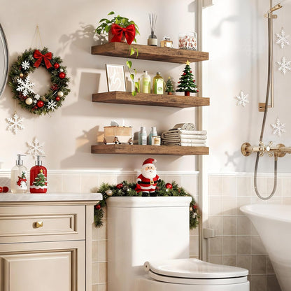 RALGEND Floating Shelves for Wall, 1.5" Thick Wall Shelf Set of 3 with Invisible Brackets, L31.5 x W7.9 Hanging Shelves Farmhouse Home Decor for Bathroom, Living Room, Bedroom, Rustic Brown 8301BJP3BF