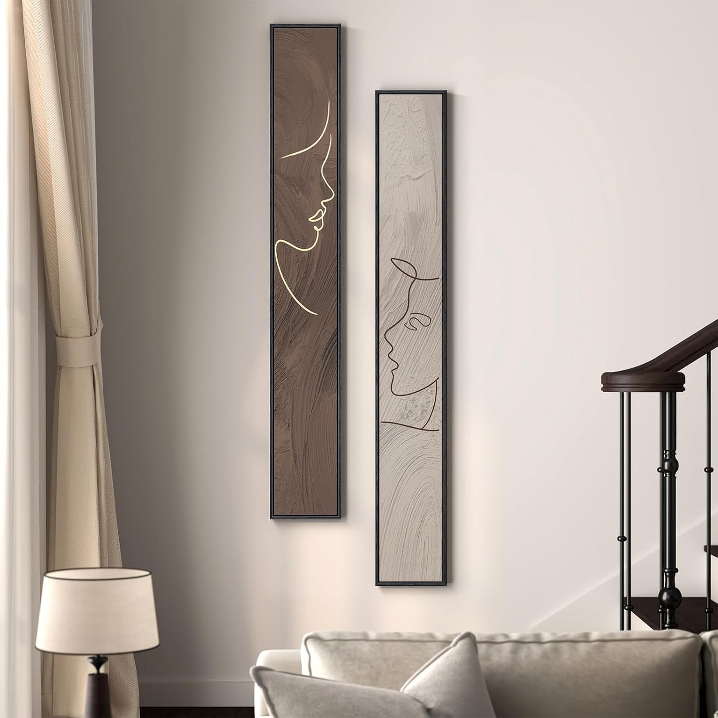 Long Narrow Framed Neutral Abstract Vertical Wall Art Set, 2 Piece Modern Canvas Prints Paintings Artwork for Walls, Beige and Brown Minimalist Pictures for Hallway Entryway Living Room Bedroom Decor