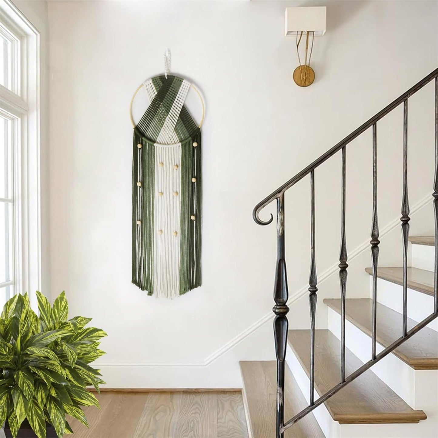 LB Boho Macrame Wall Hanging - Green and Beige Handmade Cotton Woven Decor, Modern Geometric Bohemian Tapestry Wall Decor for Bedroom Living Room Home (31.5"x9.84") Nature-Inspired Room Decor