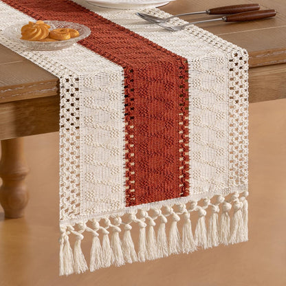 Socomi Boho Table Runner Summer Farmhouse Rustic Dining Kitchen Centerpiece Decor Small Macrame Woven Cotton Linen Coffee Table Runner for Dresser Scarf Home Decor 12x36 inch Beige