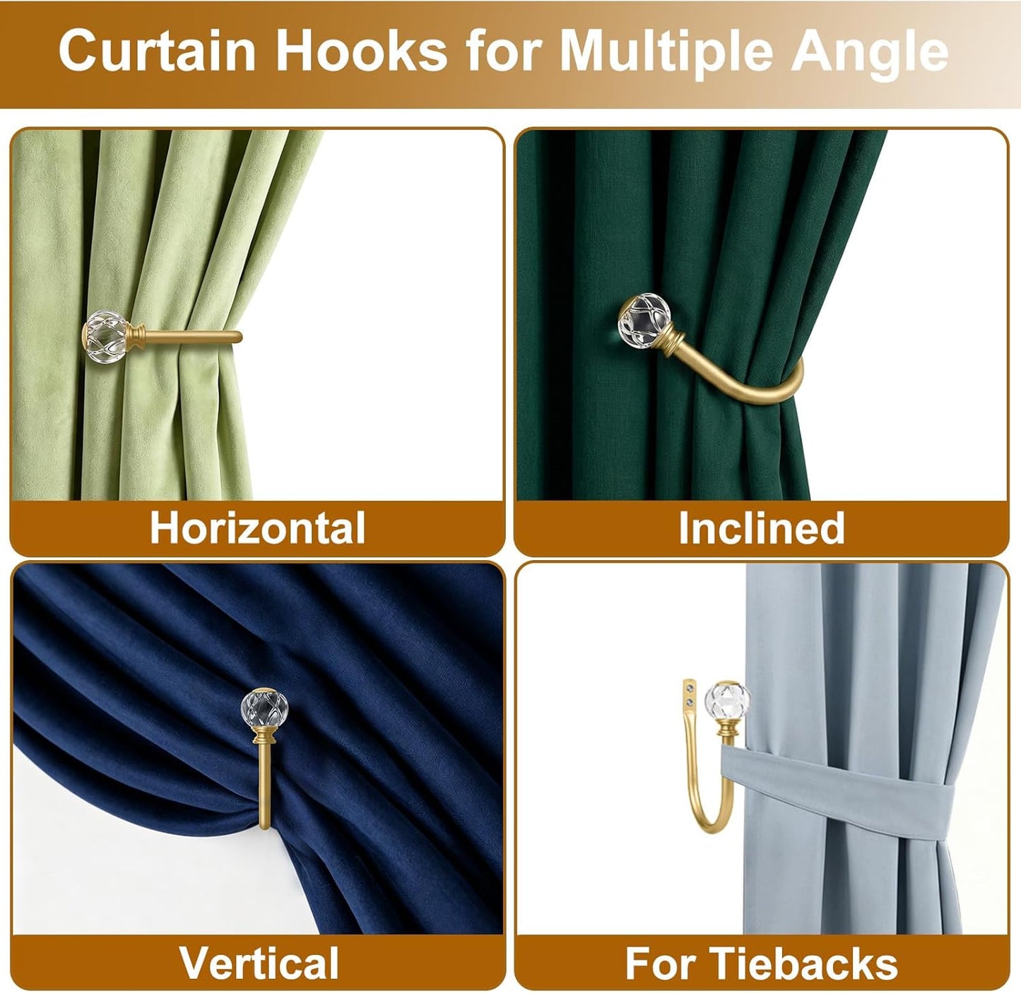 KAMANINA Curtain Holdbacks 2pcs, Gold Curtain Tiebacks, Window Curtains Hooks for Wall, Decorative Holders for Drapes with Crystal Finials(5.4" L × 4.1" W)