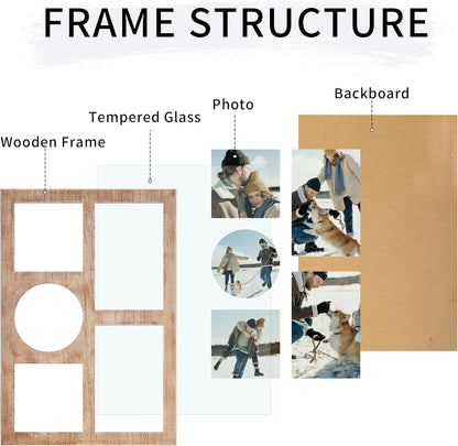 YESKAY 4x6 Picture Frame Collage for Wall Decor, Multiple Photo Collage Frames with Tempered Glass, 7-Opening for 4 x 6 Picture Frames, Rustic Brown, 1 Pack