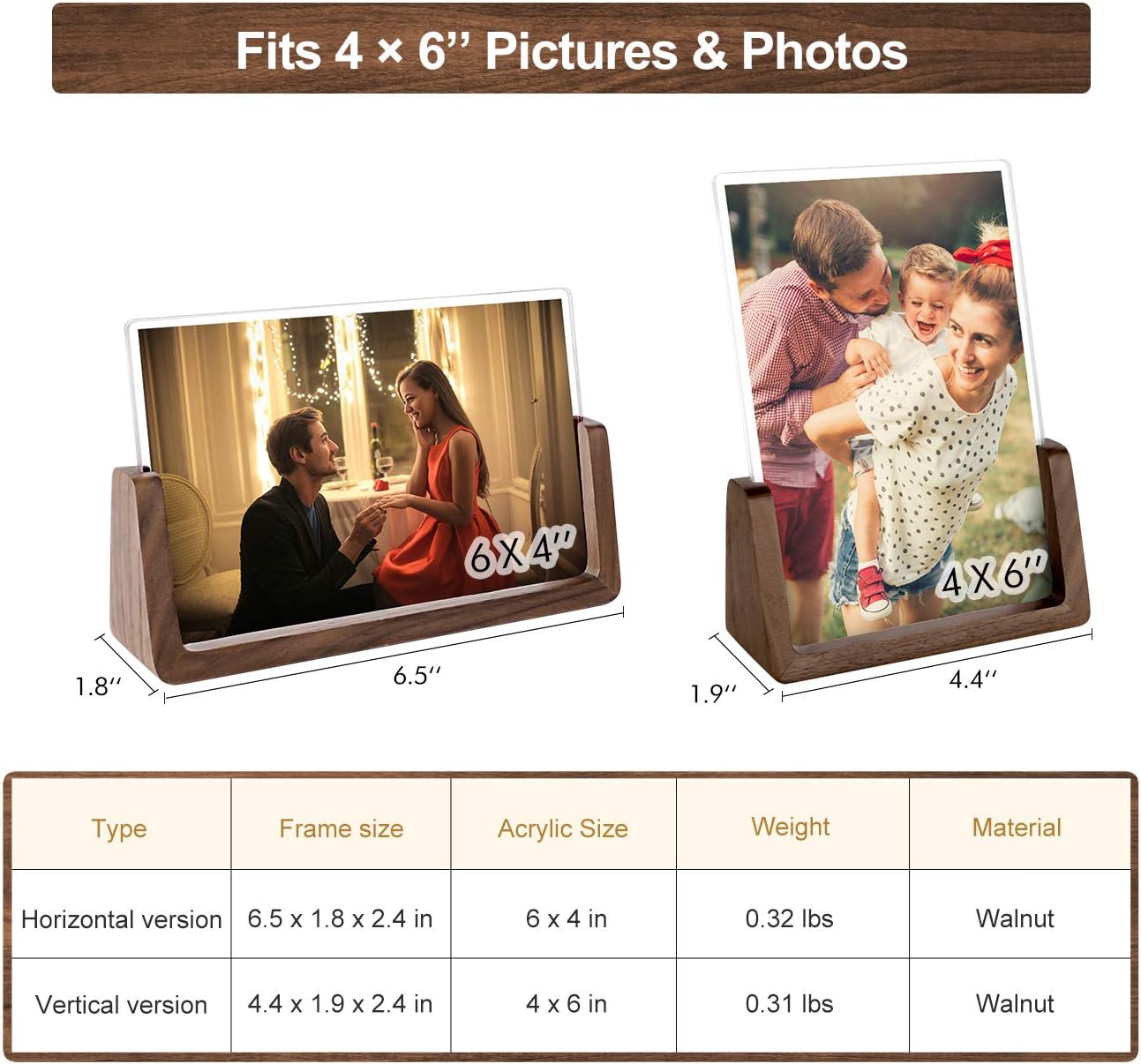 Mixoo 4x6 Picture Frame 2 Pack - Rustic Wooden Picture Frames with Walnut Wood Base and High Definition Break Free Acrylic Photo Covers for Desk Tabletop Display Graduation Gifts Teacher Appreciation Gifts (Horizontal + Vertical)