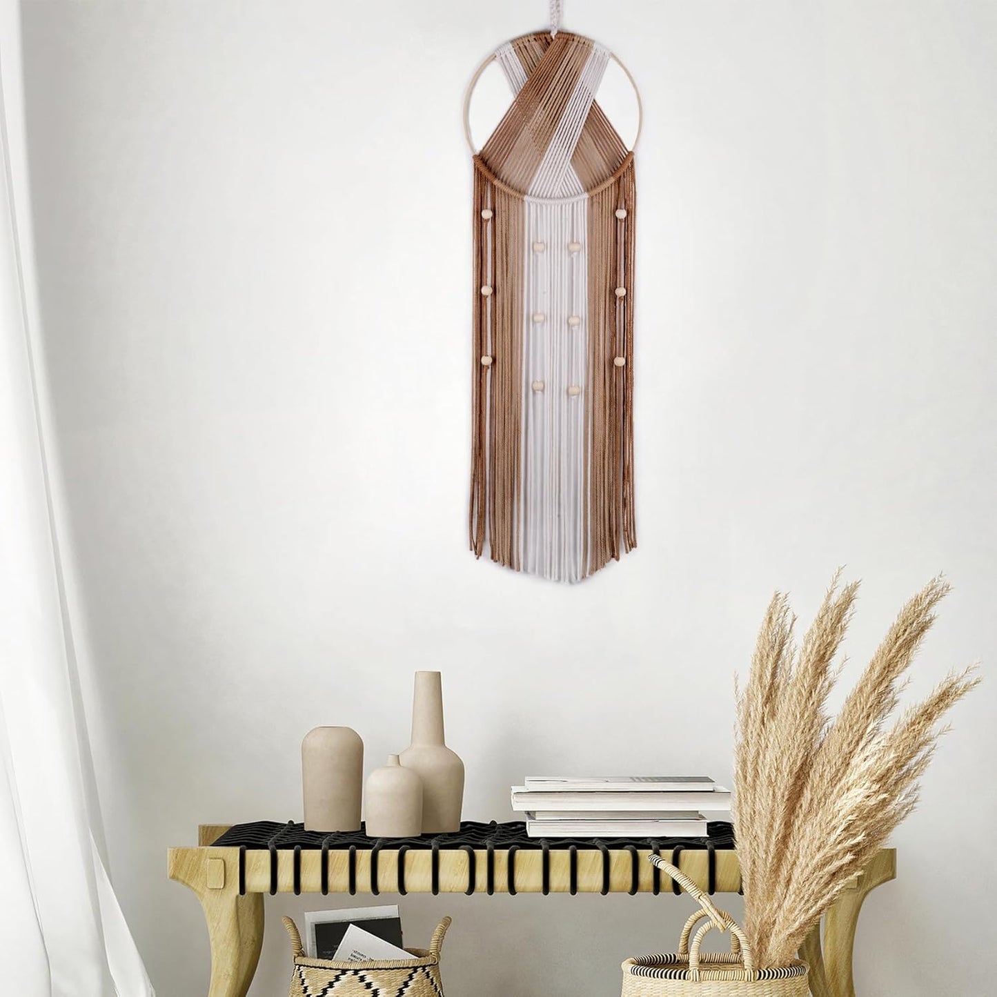 LB Boho Macrame Wall Hanging - Green and Beige Handmade Cotton Woven Decor, Modern Geometric Bohemian Tapestry Wall Decor for Bedroom Living Room Home (31.5"x9.84") Nature-Inspired Room Decor