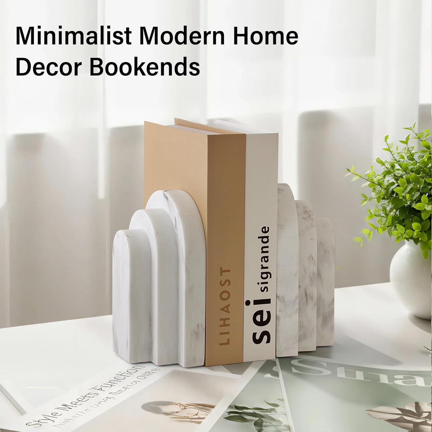 LIN CHUAN Heavy Duty Bookends for Shelves, 6.6 LBS Heavy Book Ends for Heavy Books, Decorative Modern Bookends with Faux Sandstone Look, Layered Arch Book Stopper for Bookshelf Holder Set of 2, Beige