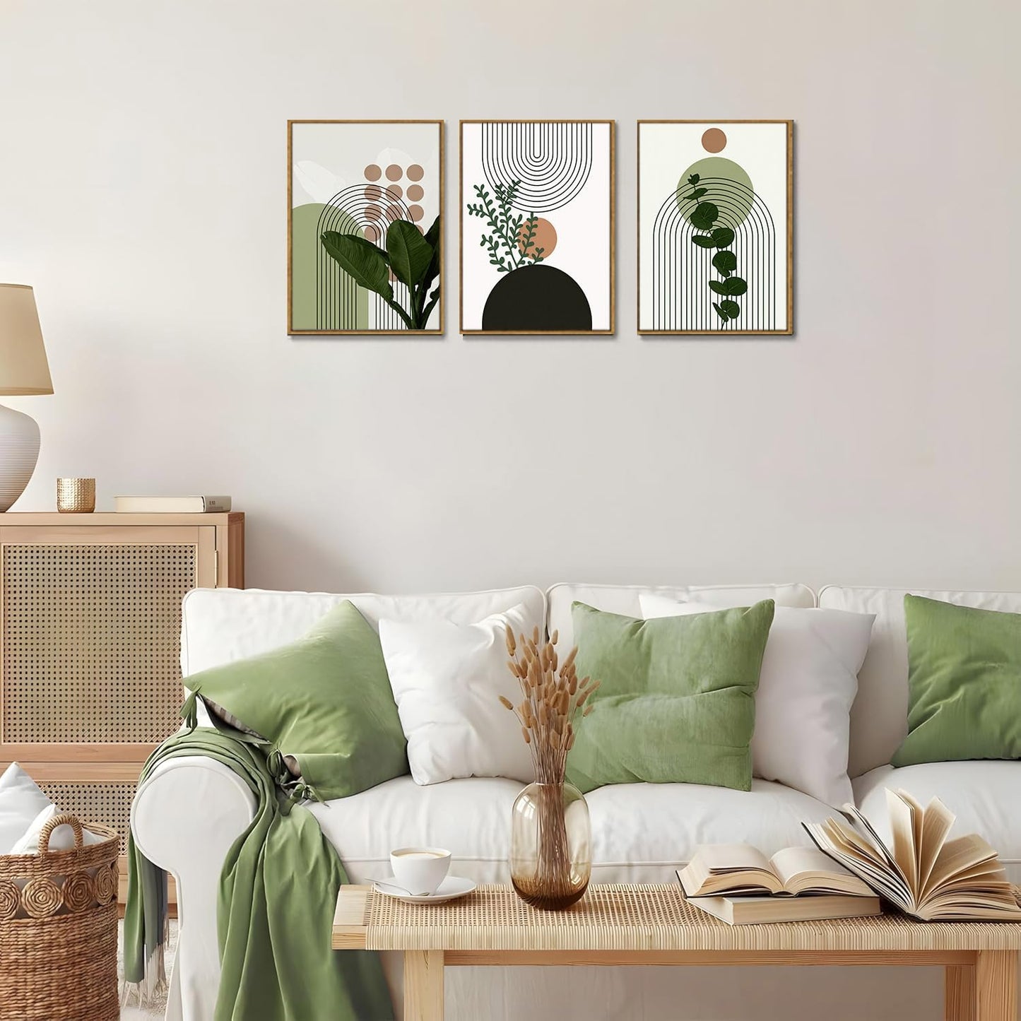 Bwodke Boho Wall Art, Framed Abstract Wall Art, Green Botanical Neutral Canvas Wall Decor, Large Mid Century Plant Pictures Set of 3, Modern Minimalist Paintings, for Bedroom Living Room Bathroom