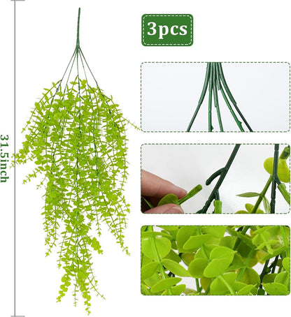 RECUTMS Artificial Hanging Plants Fake Hanging Plant Faux Eucalyptus Leaf Greenery Vine Outdoor UV Resistant Plastic Plants Home Garden Wedding Party Indoor Outdoor Decorations(White)