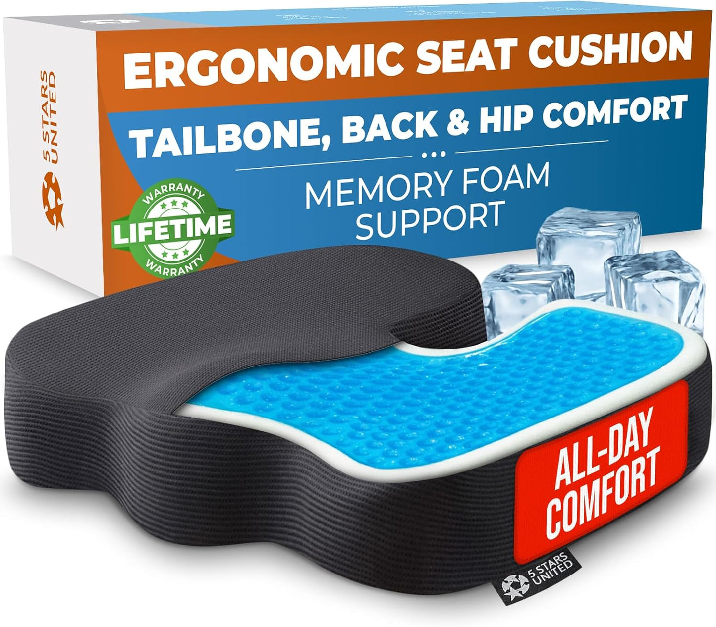 5 STARS UNITED Seat Cushion - Memory Foam Chair Cushion for Tailbone Pain Relief - Ergonomic Support for Coccyx, Sciatica & Butt - Office, Desk & Gaming Chair, Car Seat, Wheelchair, Airplane, Black