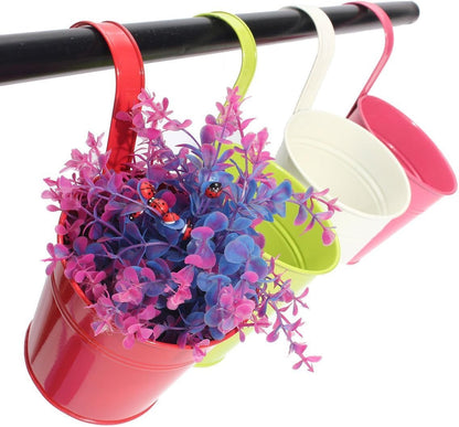 KINGLAKE Flower Pots,10 Pcs Metal Iron Hanging Flower Plant Pots Balcony Garden Plant Planter Baskets Fence Bucket Pot 4'' Flower Holders with Detachable Hook
