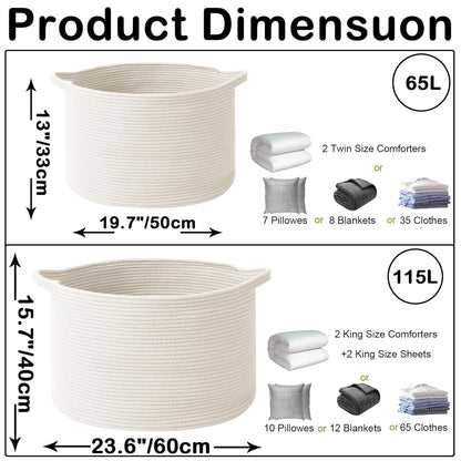 Large Woven Blanket Basket,65L Cotton Rope Laundry Basket Hamper with Handles, Decorative Nursery Basket Storage Bin for Toys, Clothes Organizer, Living Room, Bedroom, Bathroom, White & Brown