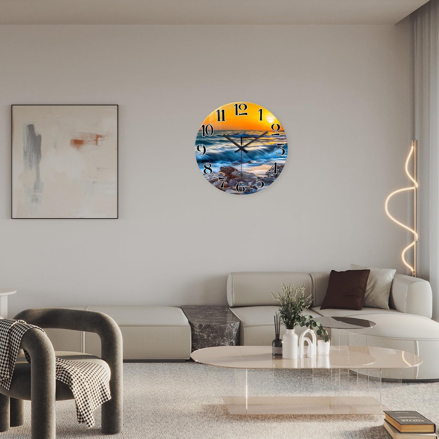 Beach Wall Clock Battery Operated 12 Inch Glass Wall Clock Non Ticking Analog Blue Wall Clocks for Bedroom Living Room Office Decor
