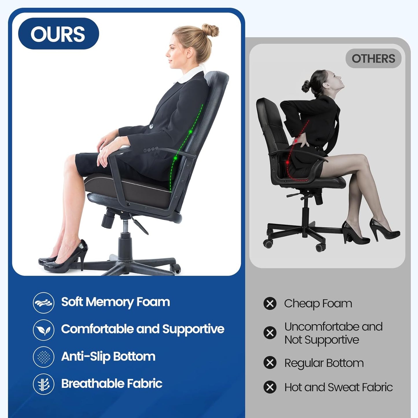 SweetSlubr Seat Cushion for Tailbone Pain Relief, Office Chair Cushion, Memory Foam Large Cushion with Non-Slip Cover for Soft Support at Office Chair, Car Seat, Airplane, Floor Pillow, Black/Large
