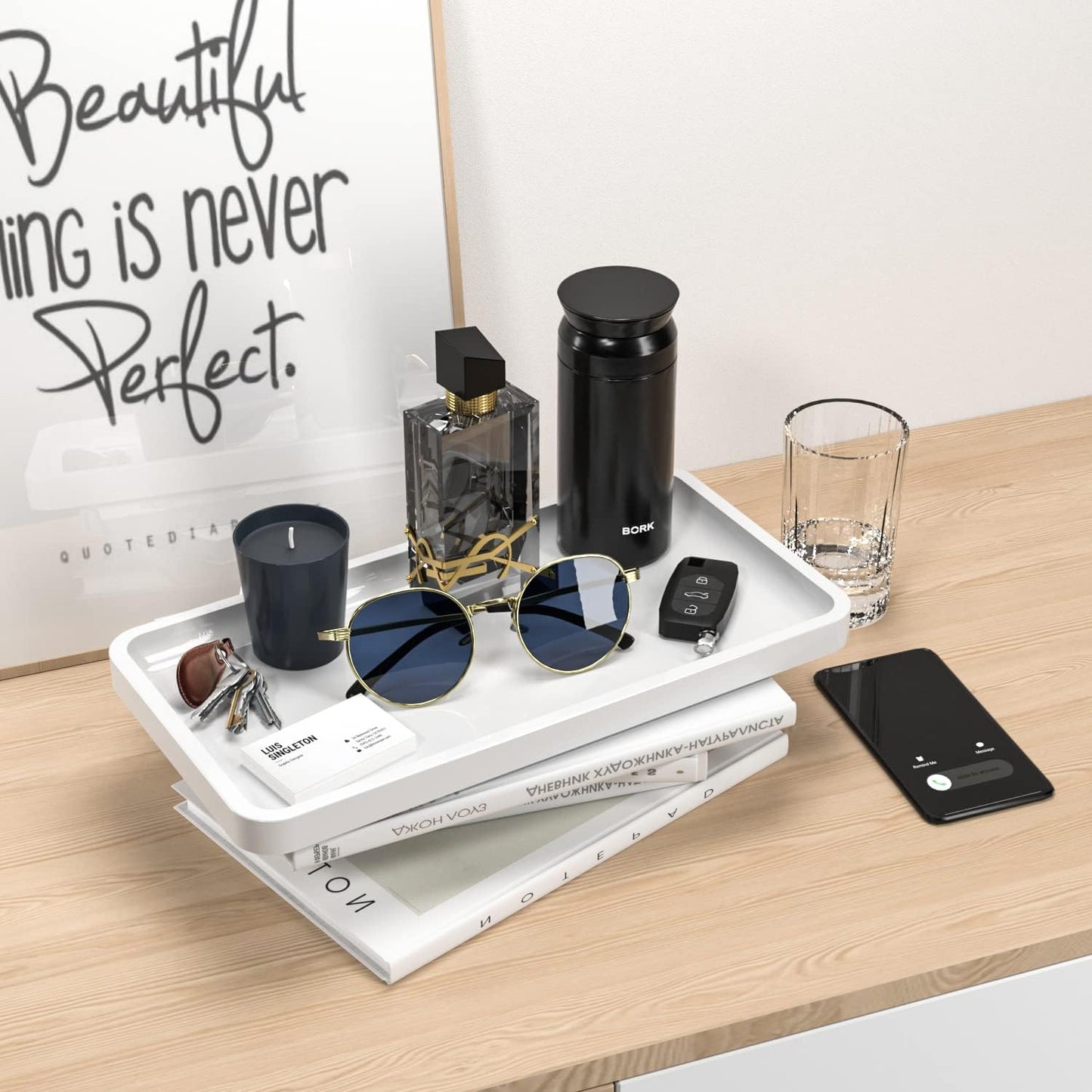 Bathroom Vanity Tray for Countertop - Bamboo Organizer Tray for Dresser Tops, Toilet, Perfume Small Decorative Tray Wood Tray for Home Decoration 11.81” L x 6.1” W x 0.79” H Black