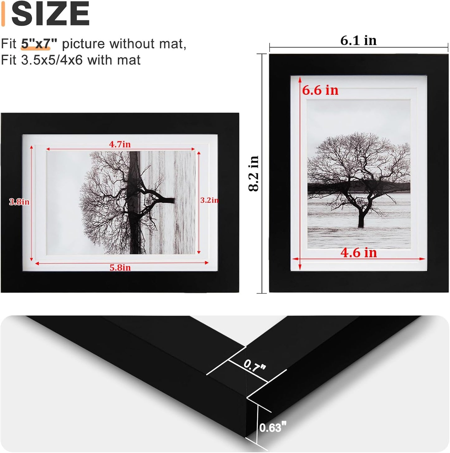 Egofine 8x10 Picture Frames Set of 4, Made of Solid Wood Covered by Plexiglass 4x6 and 5x7 with Mat or 8x10 without Mat, for Table Top Display and Wall Mounting Photo Frame Black