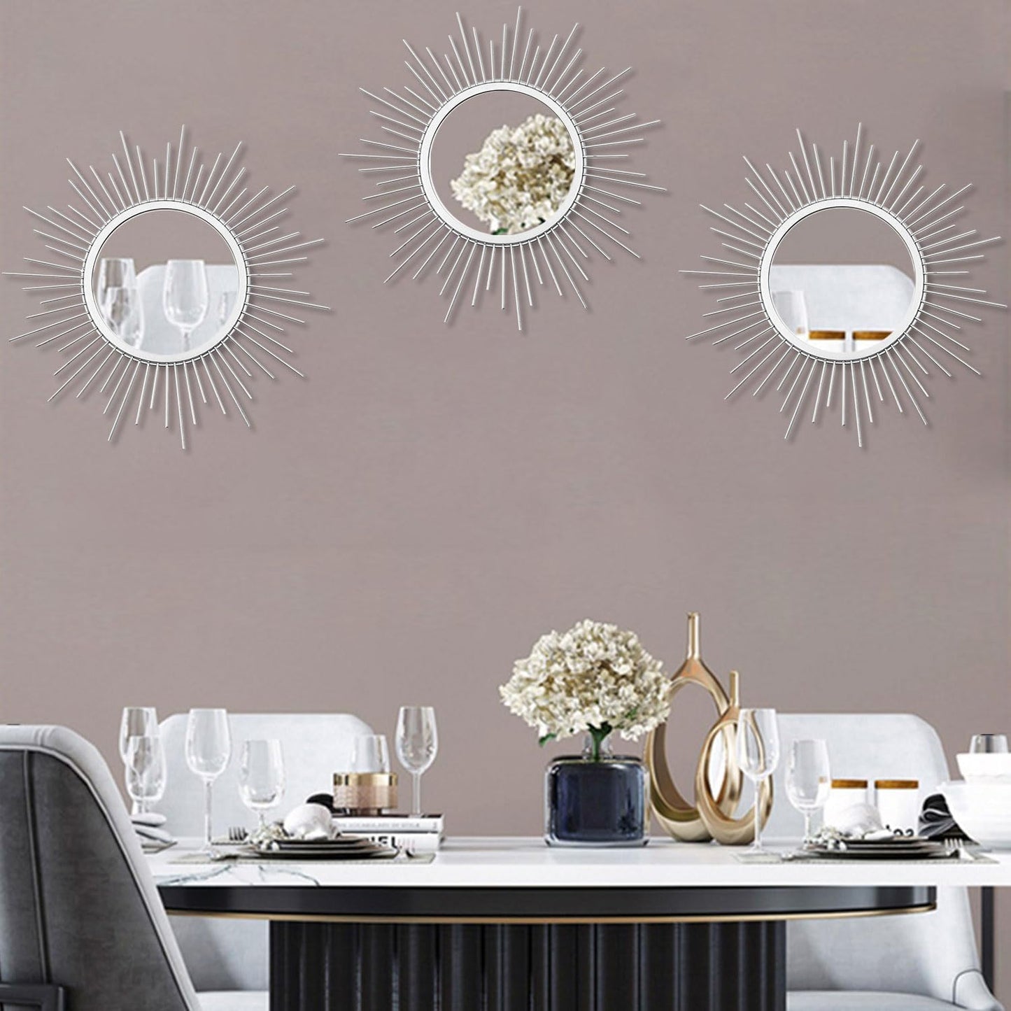 3 Pack Metal Mirrors for Wall Sunburst Wall Mirrors Home Décor Decorative Hanging Wall Art for Living Room Bedroom Entryway (Gold, Flower+Sunburst)