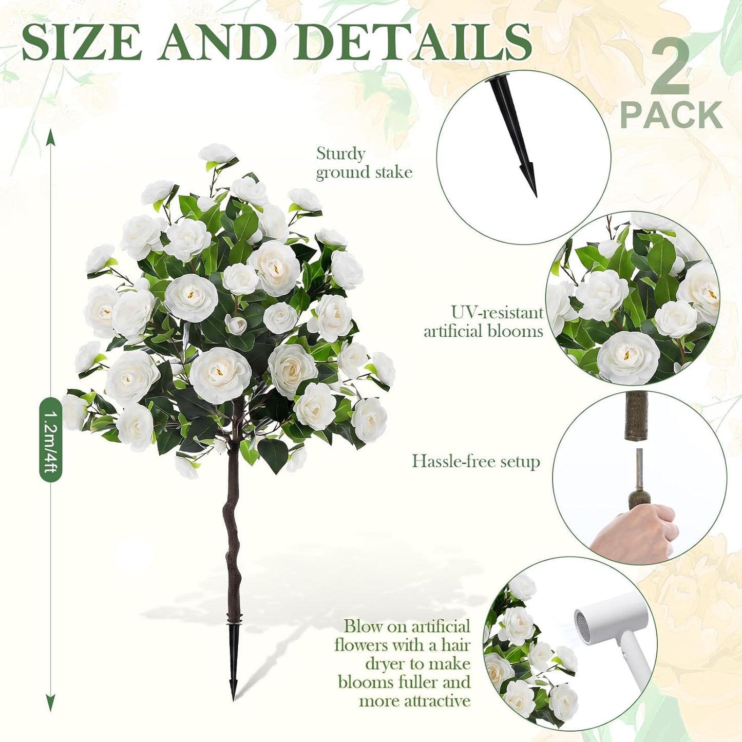 Lunmon 2 Pack 3ft Artificial Camellia Plants Tree 36" Faux Camellia Flower with Spike UV Resistant Realistic Fake Floral Blooming Bush for Indoor Outdoor Front Door Porch Backyard Garden, Purple