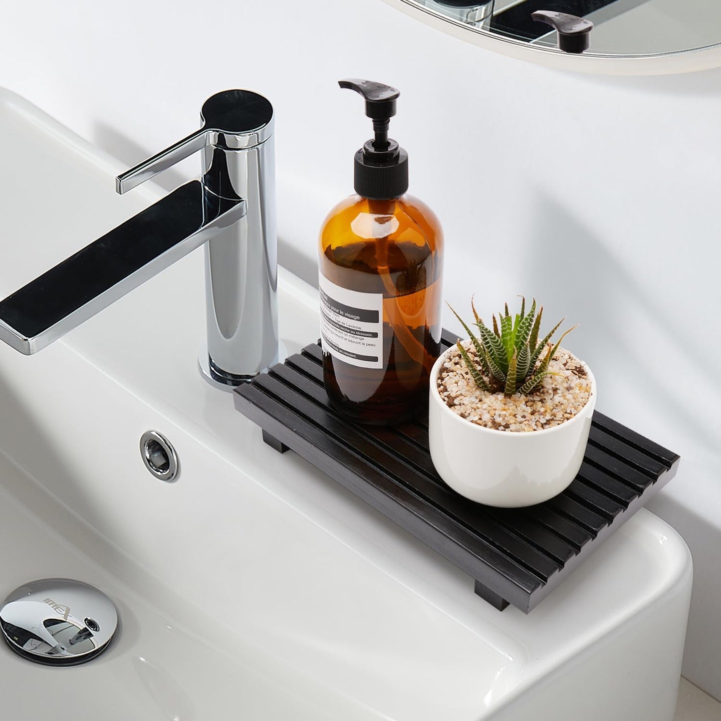 Renawe Farmhouse Bathroom Counter Tray Wood Display Pedesta Stand Kitchen Countertop Trays Decorative Wooden Riser Dish Soap Dispenser Holder for Bathroom Sink Accessories Kitchen Decor Vanity Tray