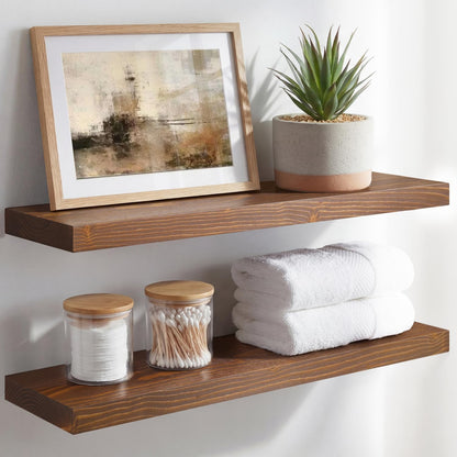 Homeforia 24 inch Natural Floating Shelf, High End Solid Real Wood 24inch Small Floating Shelves for Wall Mounted, Natural Wooden Floating Shelves, Heavy Duty Bracket, 24 X 6.5 X 1.75 in, Set of 2