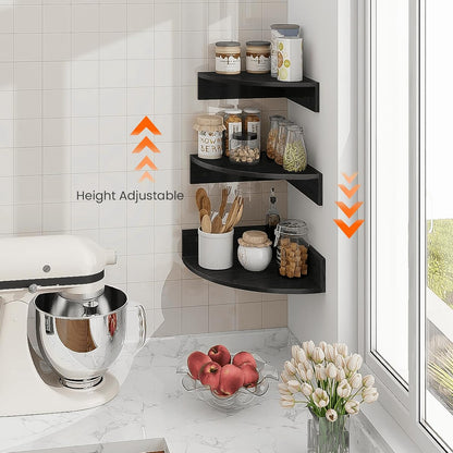 Homode Corner Shelf Wall Mount, Set of 3 Floating Corner Shelves with Cord Hole, 3 Tier Wood Wall Display Shelf, Storage for Bathroom Living Room Kitchen Bedroom, Rustic Brown and Black