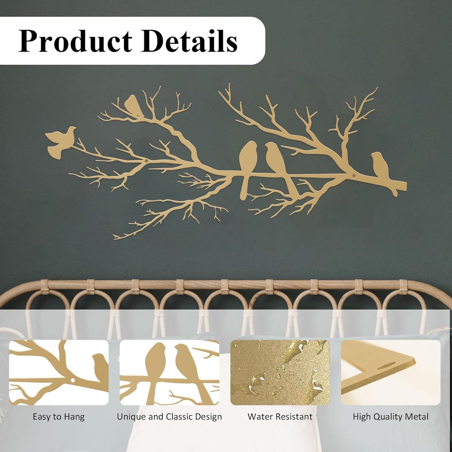Metal Birds Wall Art, Metal Vivid Birds on Branch Silhouette Wall Decor Black Leaves with Bird Outdoor Hanging Wall Sculpture for Home Balcony Garden(Large)