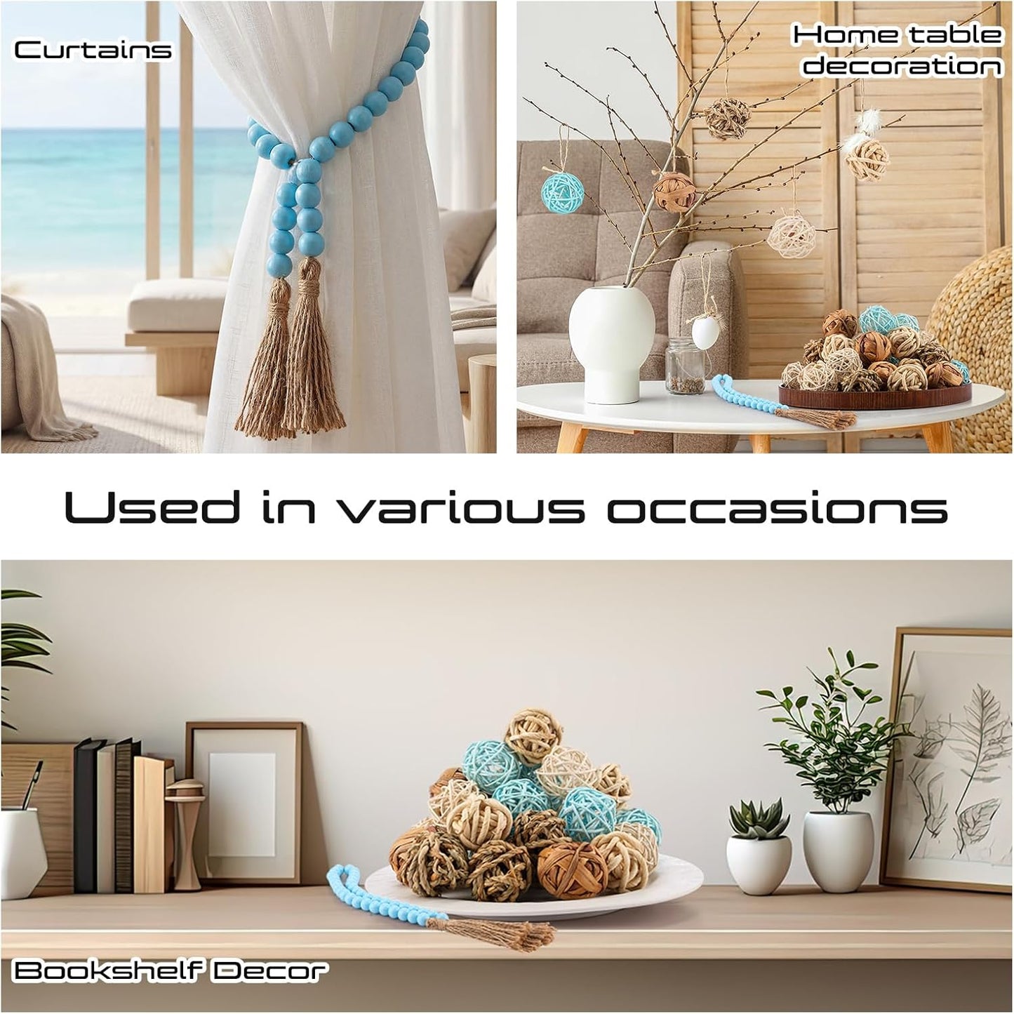 Halloscume 31 Pcs Wicker Rattan Decorative Balls with 30.3 Inch Wood Bead Garland Centerpiece Bowls Orbs Vase Fillers Wall Hanging Decor for Summer Home Farmhouse Wedding Party(Black)