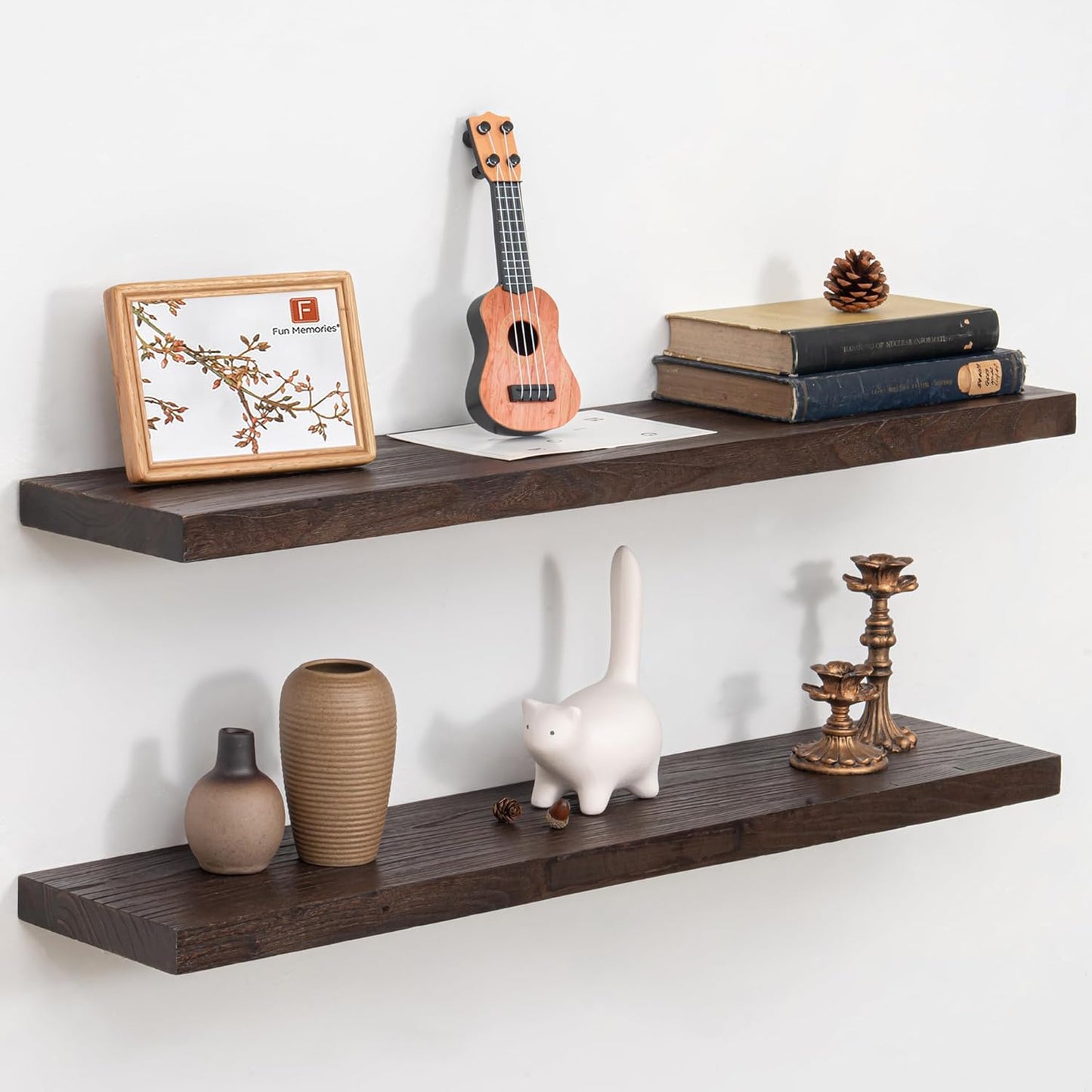 Floating Shelves 36 Inches Long - 8 Inch Deep Rustic Premium Solid Pine Wood for Storage - Farmhouse Wall Mounted for Living Room - Heavy-Duty Metal Bracket - 36" W x 8" D - Set of 2 - White Color