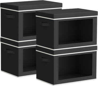 Homsorout Storage Bins with Lids - Fabric Closet Storage Bins with Window, Collapsible Baskets for Shelves 4 Pack, Home Decorative Boxes for Clothes, Closet, Office, Grey