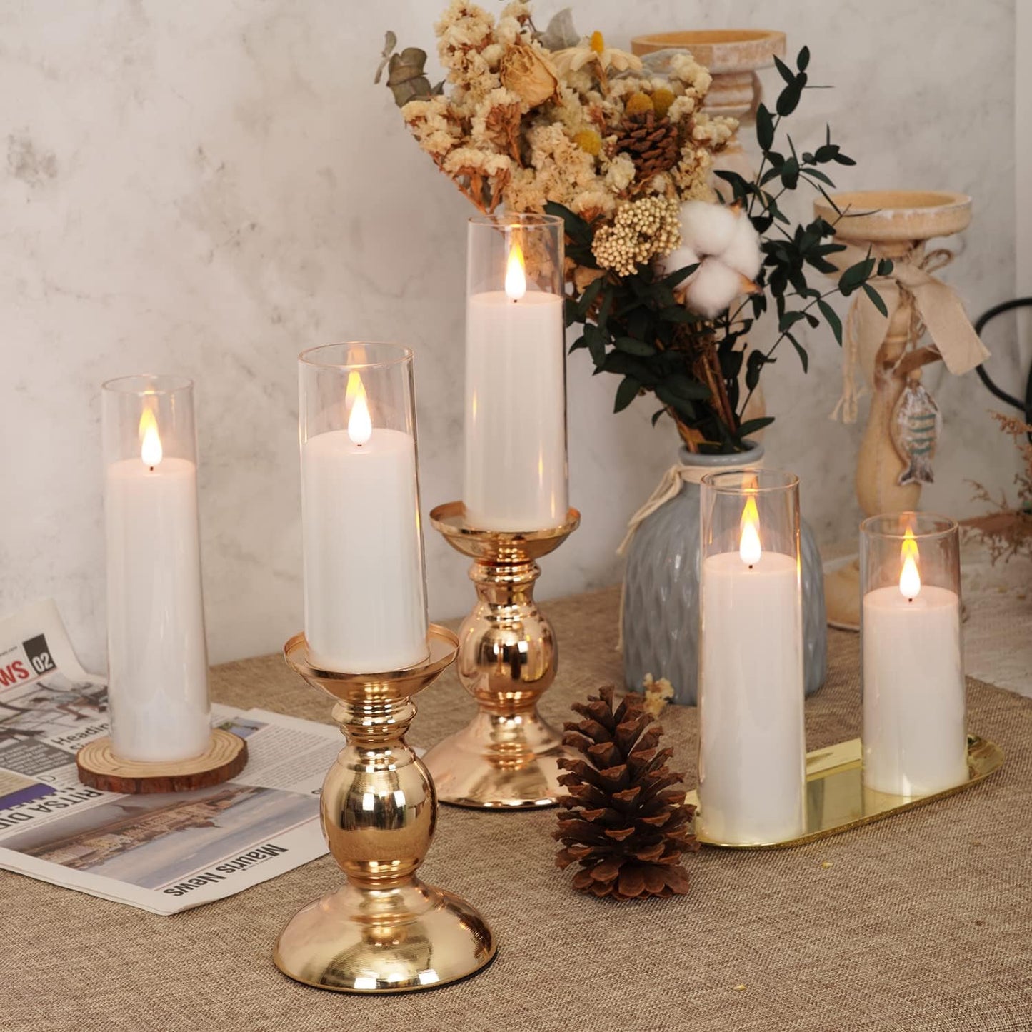 Amagic Pure White Flameless Candles, Battery Operated Candles, Acrylic Flickering LED Pillar Candles with Remote Control and Timer, 3D Wick, Yellow and Blue Glow, D2.2 xH5 5" 6" 7" 8", Set of 5