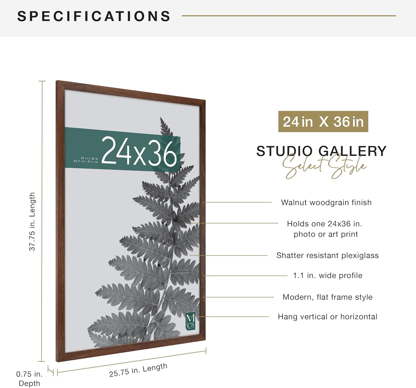 MCS Studio Gallery 16x24 Poster Frame Black Woodgrain Engineered Wood, Vertical & Horizontal Wall Hanging Large Picture Frame for Photos, Posters & Art Prints (1-Pack)