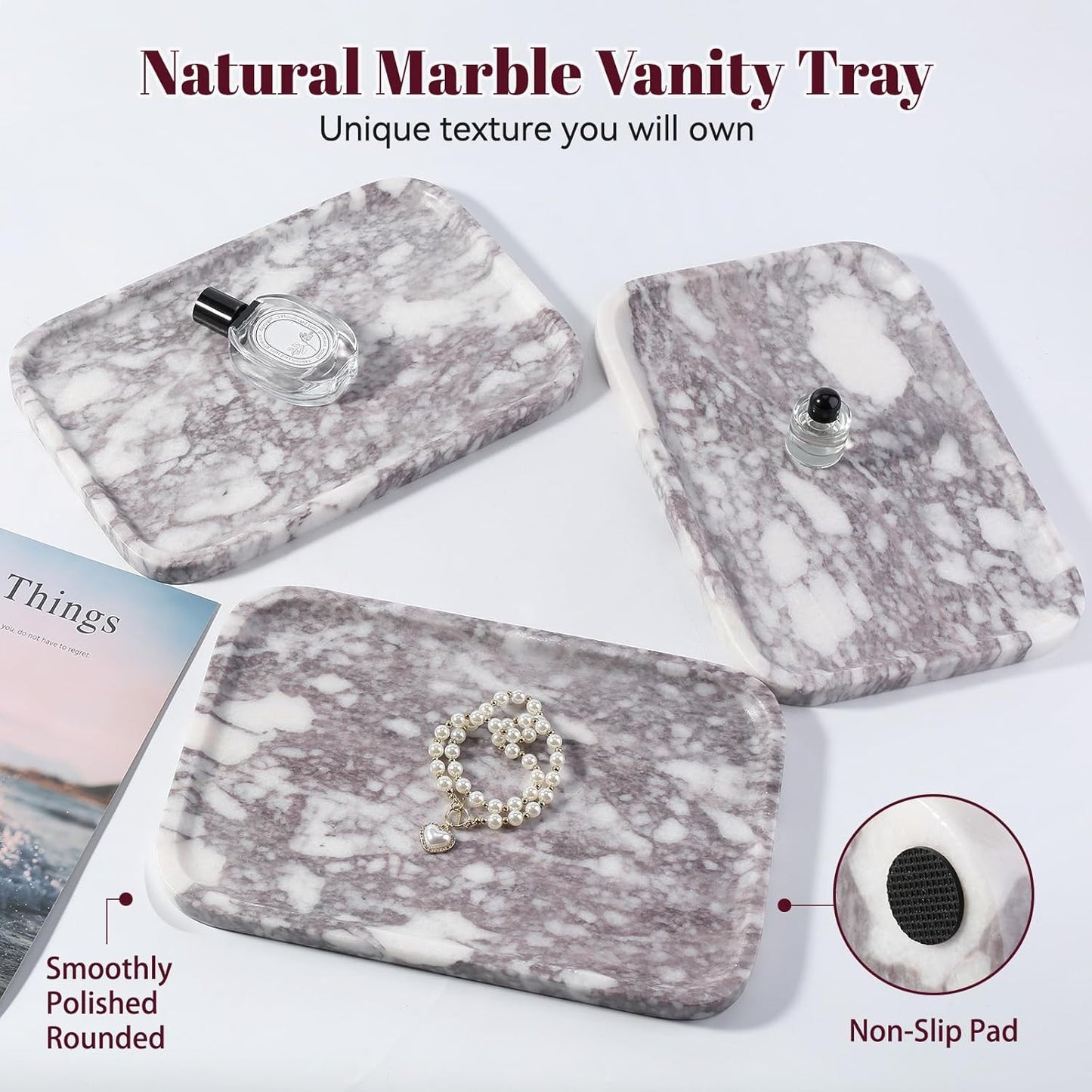 Marble Vanity Tray for Dresser Organizer, Travertine Bathroom Tray Countertop, Beige Decorative Serving Trays, Kitchen Sink Storage, Jewelry & Perfume Holder(Travertino Romano)