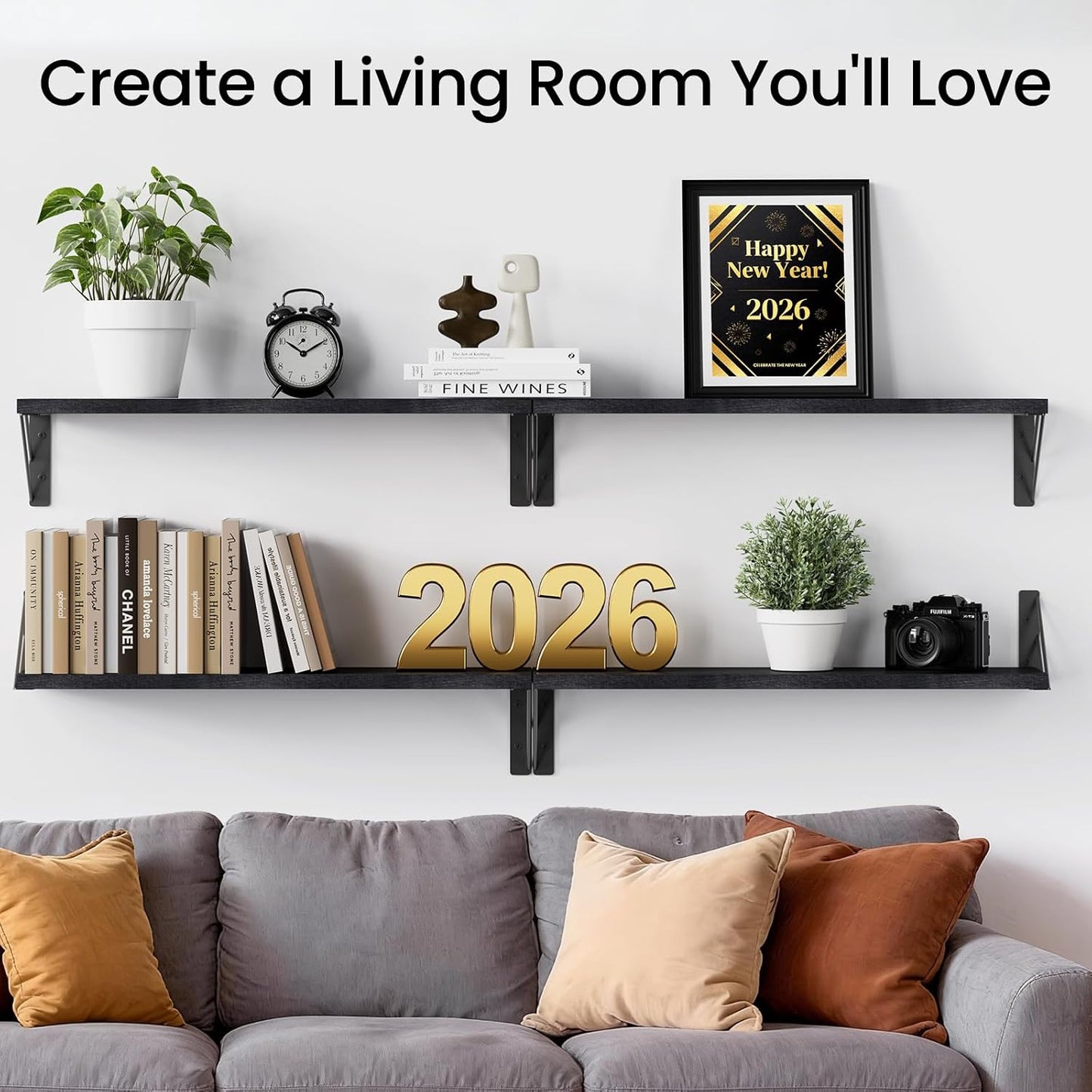 BAYKA Wall Mounted Floating Bathroom Shelves, Wood Wall Shelf for Bathroom Essentials & Decor, Space-Saving Display & Organizer (Black, Set of 4)