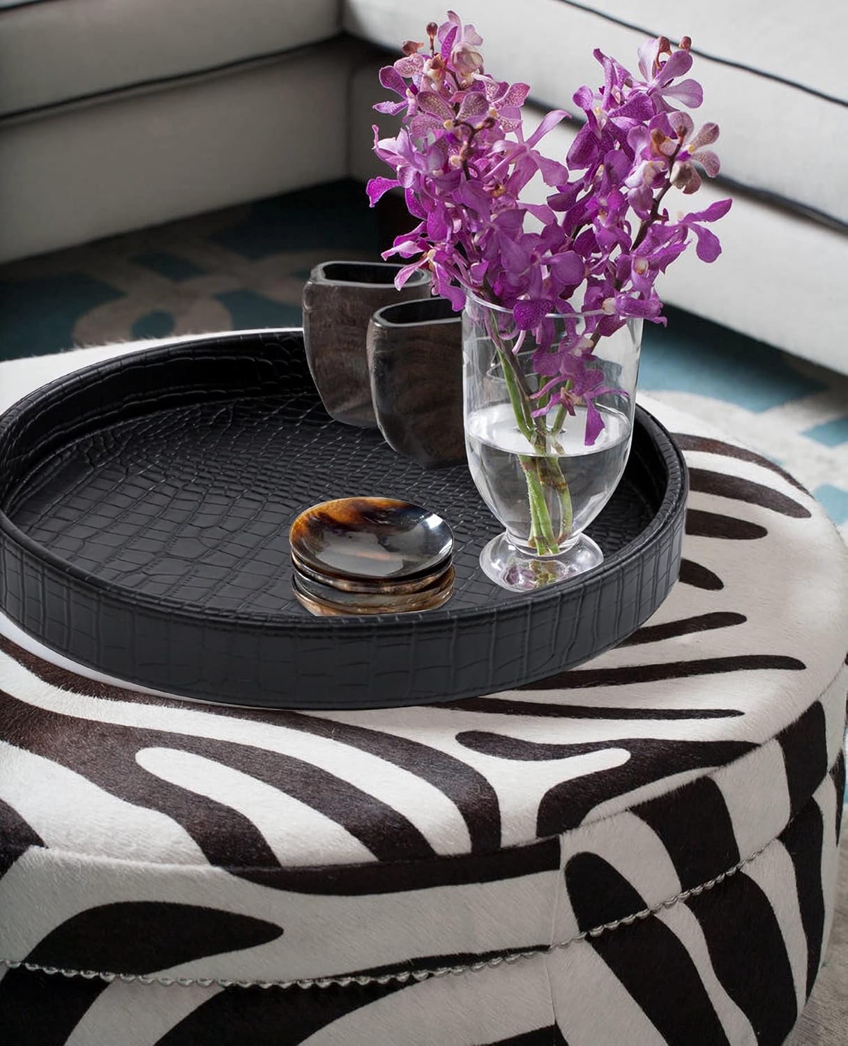 HofferRuffer Round Serving Tray 20'', Elegant Faux Leather Circle Ottoman Table Tray, Serve Tea Coffee Breakfast in Bedroom Living Room Kitchen (Brown)