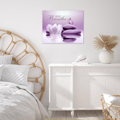 EOBTAIN Zen Flower Canvas Wall Art Bathroom Butterfly and Water Lily Stone Relaxing Spiritual Yoga Framed Wall Art Just Breathe Pictures Canvas Wall Decor for Living Room Bedroom,12x16 Inches