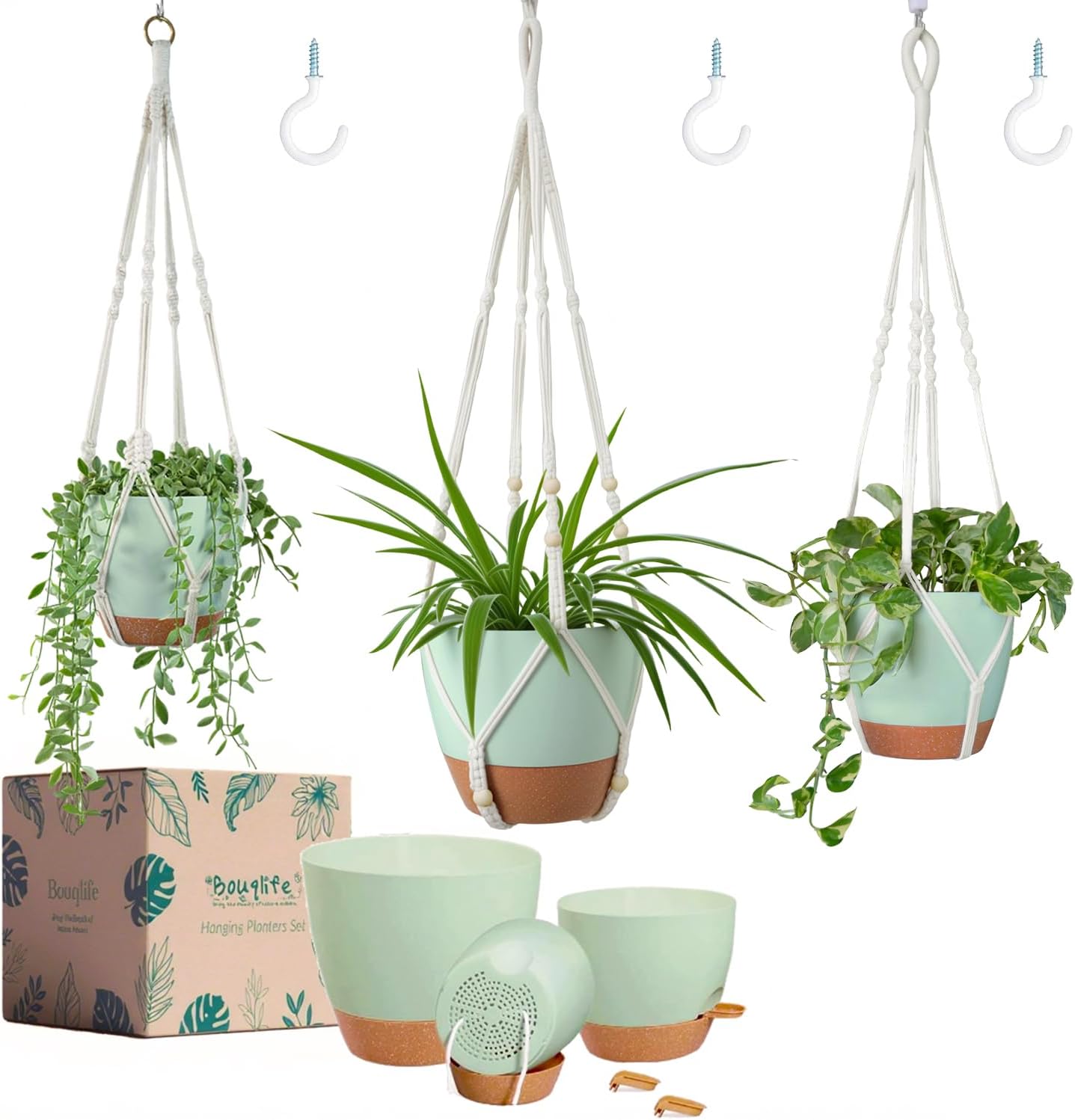 Bouqlife Hanging Planters with Macrame Plant Hangers for Indoor Outdoor Plants 3 Set Self Watering Pots Hanging Baskets Flower Pot Holders 3 Different Size