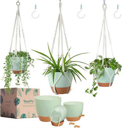 Bouqlife Hanging Planters with Macrame Plant Hangers for Indoor Outdoor Plants 3 Set Self Watering Pots Hanging Baskets Flower Pot Holders 3 Different Size