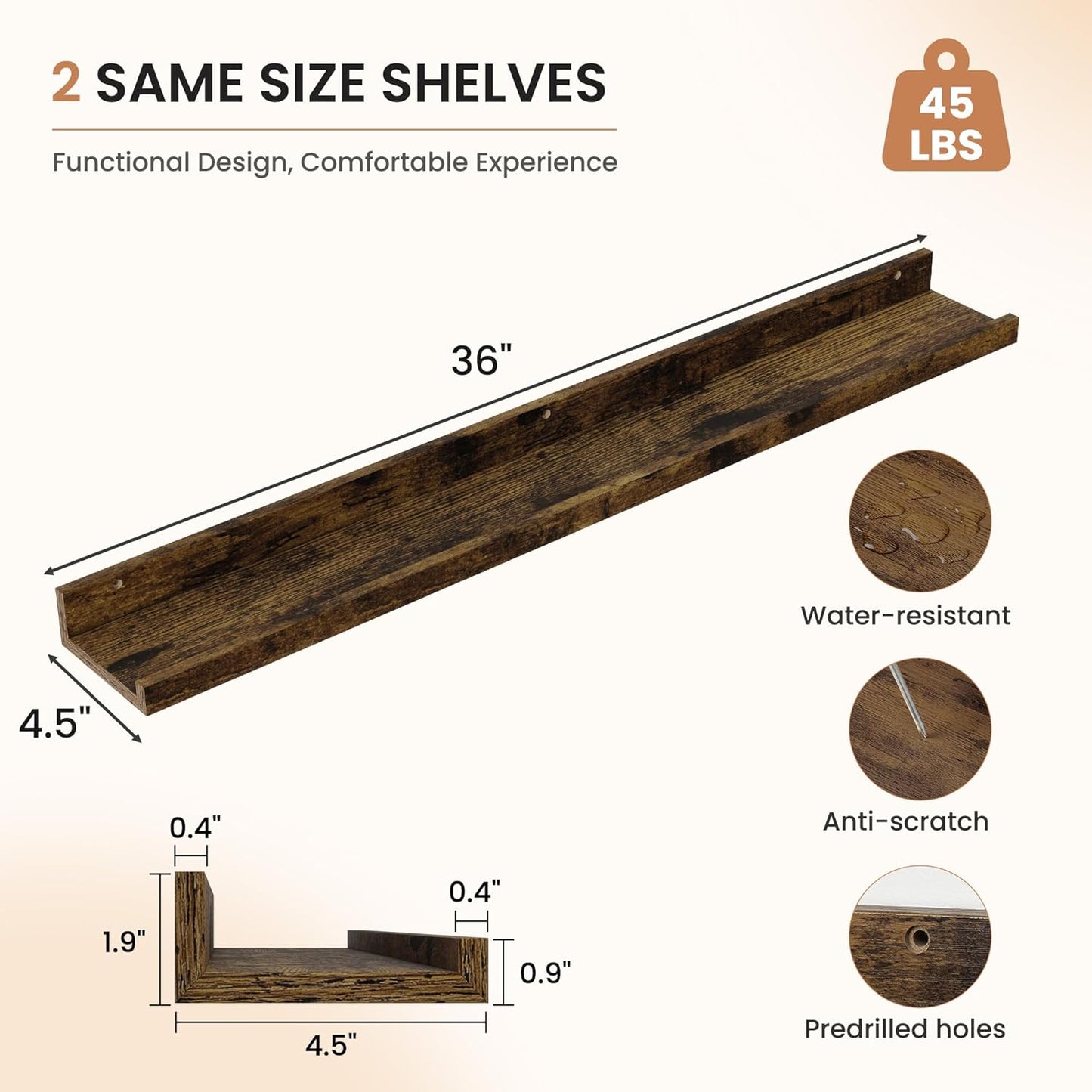 Dreamland Picture Ledge Shelf for Wall, Floating Shelves Set of 2, 48 Inch Long Floating Shelves with Lip for Living Room, Bedroom, Bathroom, Kitchen, White