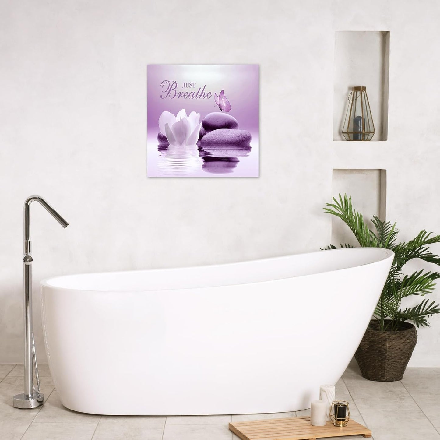 EOBTAIN Zen Flower Canvas Wall Art Bathroom Butterfly and Water Lily Stone Relaxing Spiritual Yoga Framed Wall Art Just Breathe Pictures Canvas Wall Decor for Living Room Bedroom,12x16 Inches