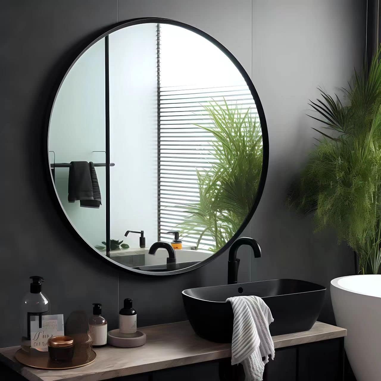 USHOWER Bathroom Mirrors for Over Sink, 36 Inch Circle Mirror with Metal Frame, Black Wall Mirror for Vanity, Entryway, Living Room, Hallway and Bedroom Decor