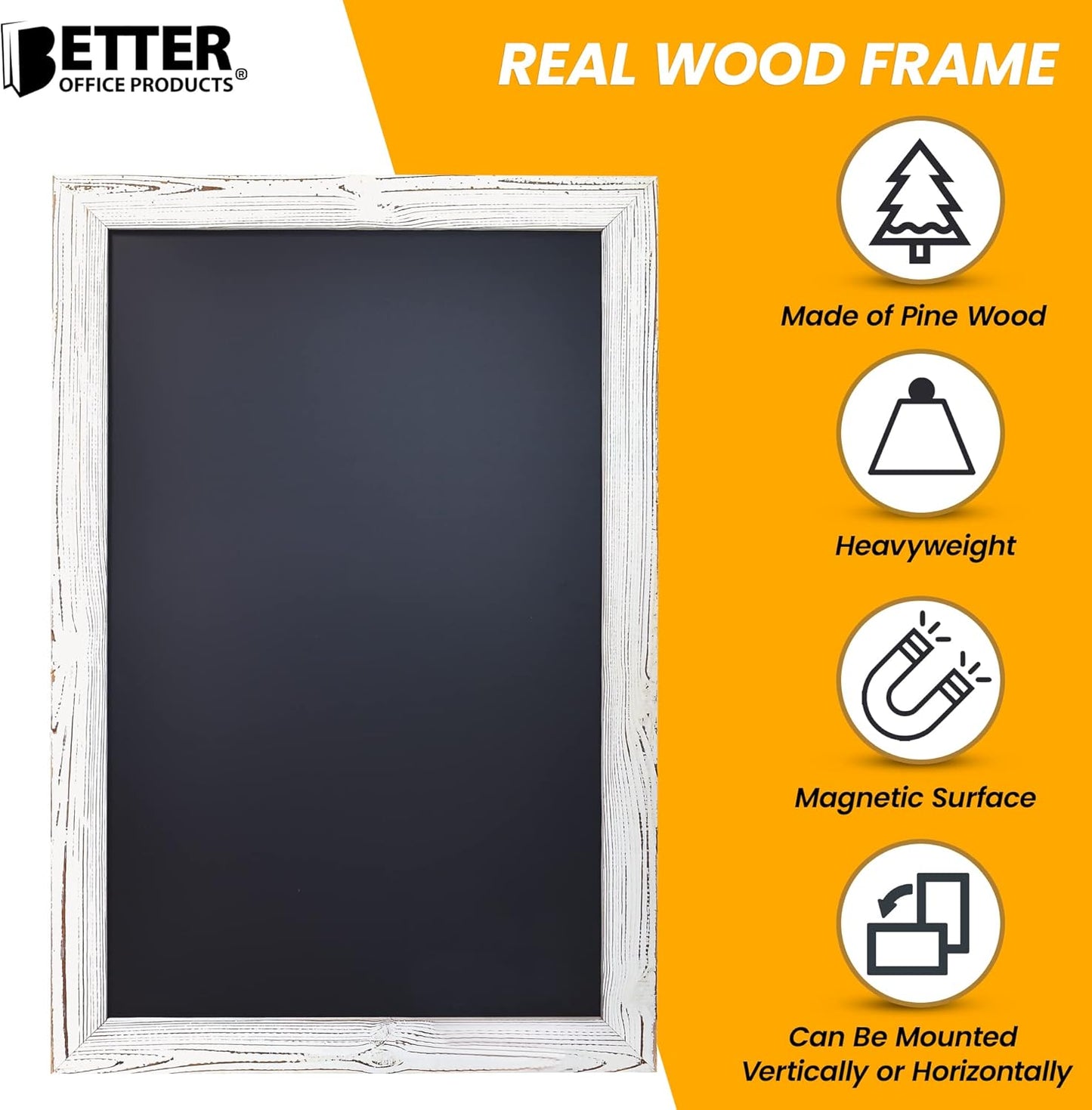 Better Office Products Magnetic Chalkboard, 20x30 Rustic Wood Frame Chalkboard Sign, Wall Mount Vertical/Horizontal, Includes Chalk Markers, Eraser, Chalk Board Easel Sign for Home Business Decor
