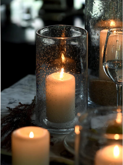 Hurricane Candle Holders for Pillar Hand Blown Glass Cylinder Vases Table Centerpiece Bulk Room Decor Clear Seeded Bubbles Living Dining Kitchen Island 10" 7" 4" Set of 3