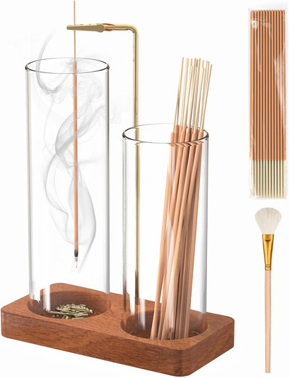 2 in 1 Incense Holder with 7.8" & 5.9" Glass Jars, Large Incense Holder for Sticks, Upside Down Incense Burner with Ash Catcher & Storage for Meditation Yoga Spa Home Decor - 20 Incense Sticks & Brush