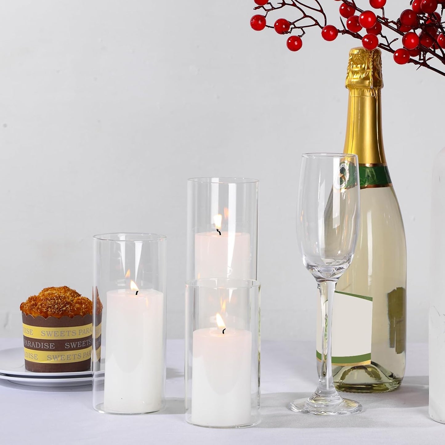 Shihanee 36 Pcs Pillar Candles and Glass Cylinder Vases Tall Cylinder Holders for Pillar Candles Wedding Centerpieces, Total 18 Sets(2.6'' X 4.7'', 5.9'', 7.9'',Clear,Ivory)