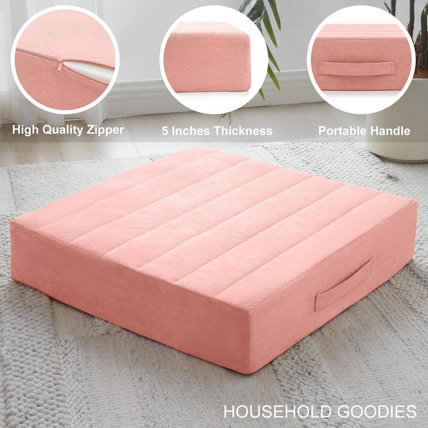 JKMAX 2 Pcs High Density Foam Floor Pillow - Upgraded Large Pillows Seating for Adults - Outdoor Floor Cushion with Soft Tufted Cover - Yoga Pillows for Sitting On Floor - 22 Inch Light Gray