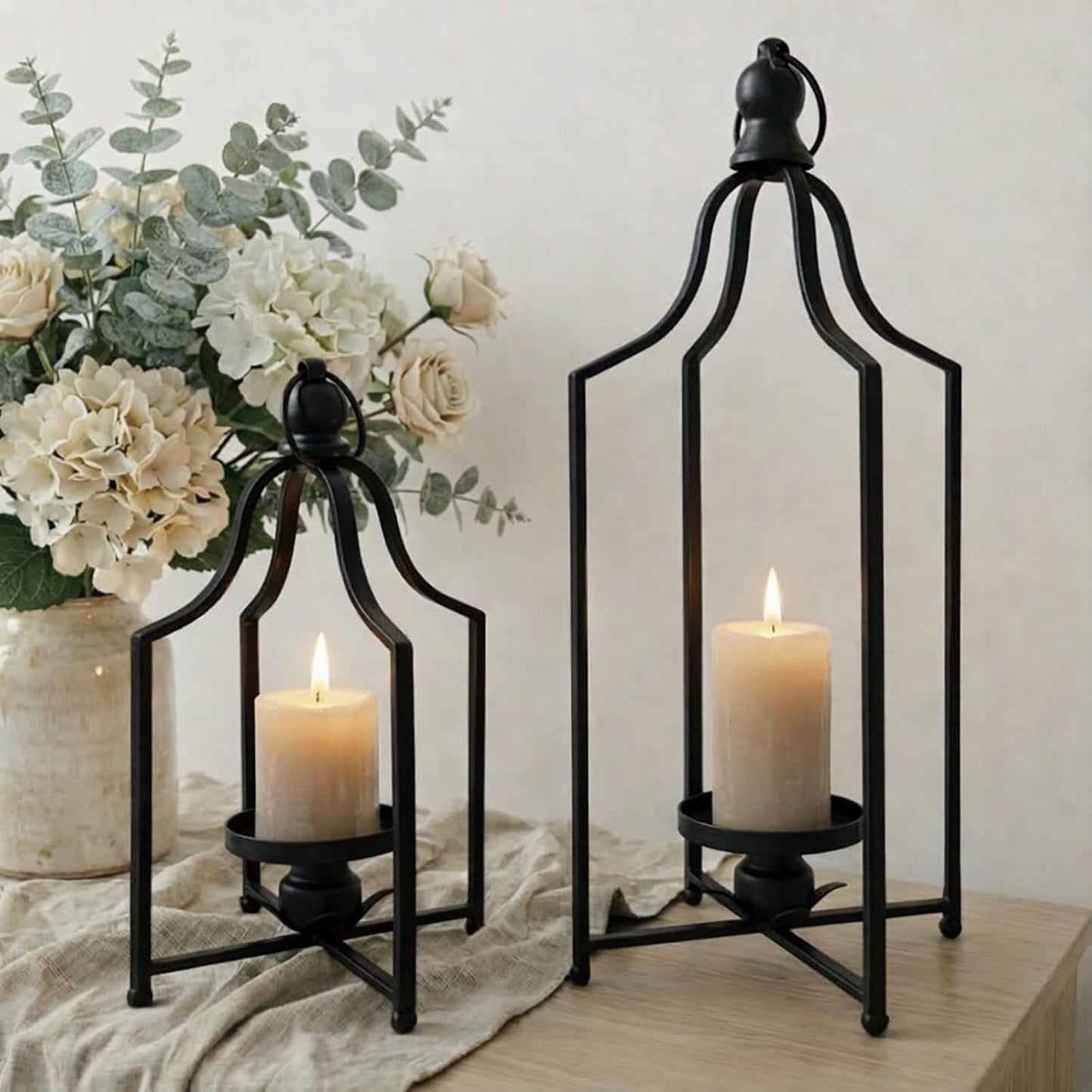 12.5" & 16.5" Timeless Cozy Decorative Lanterns Set of 2, Handcrafted Metal Iron Candle Holders, Farmhouse Elegance Fireplace Mantel Table Festive Gatherings Decor (Antique Gold)