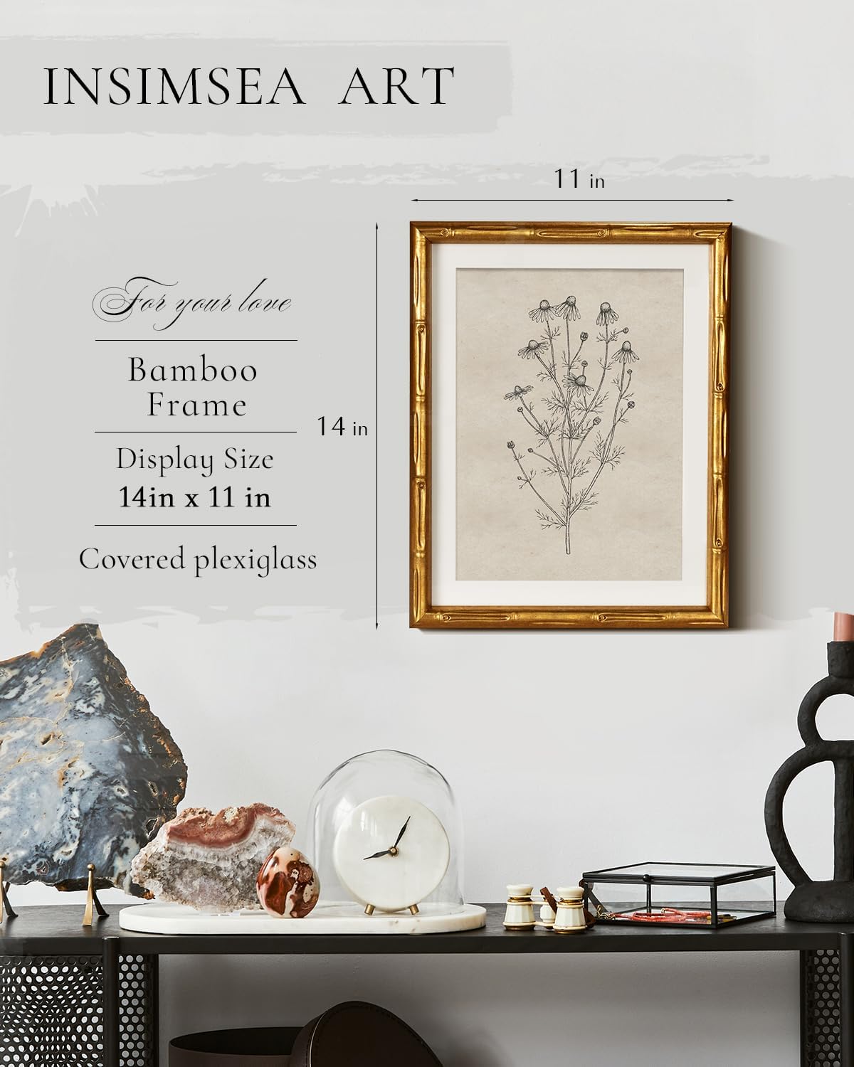 InSimSea Gold Bamboo Framed Canvas Wall Art, Retro Blue Hydrangea Botanical Prints, Antique Flowers Picture Frame with Mat, Victorian Home Wall Decor for Kitchen Living Room Bedroom, 11x14inch